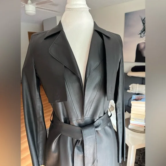 DKNY Black Leather Trench Coat - Picture 2 of 7